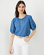 Chambray Pleated Puff Sleeve Blouse carousel Product Image 3