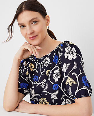 Ann Taylor Floral Mixed Media Puff Sleeve Top