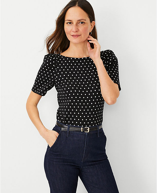 Dot Puff Sleeve Boatneck Top