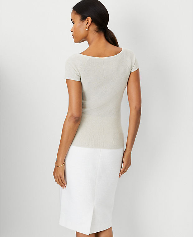 Petite Shimmer Ribbed Wide Neck Tee