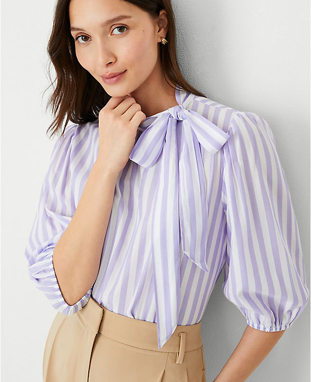 Petite Striped Bow Puff Sleeve Blouse