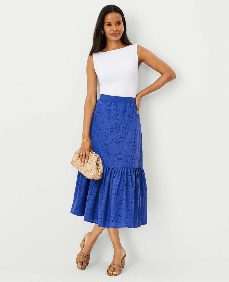 Eyelet Gathered Flounce Midi Skirt