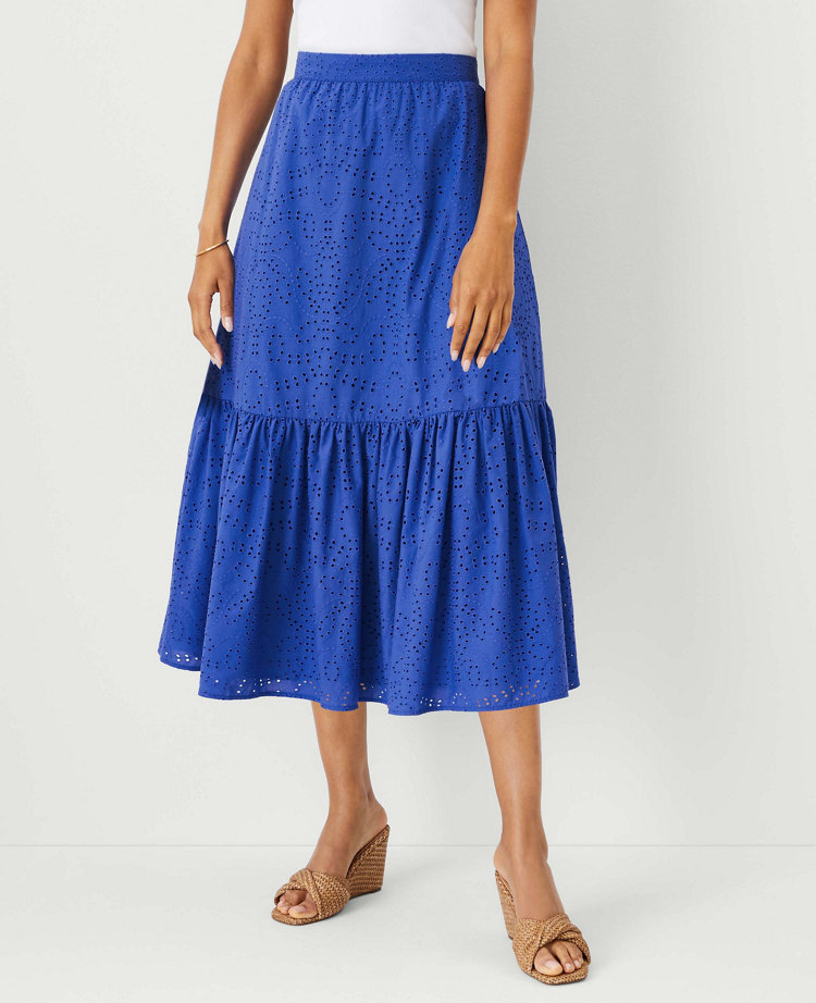 Eyelet Gathered Flounce Midi Skirt