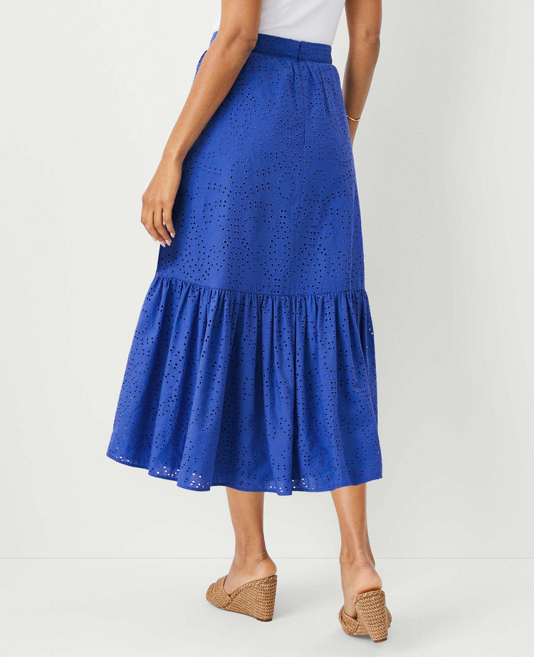 Eyelet Gathered Flounce Midi Skirt