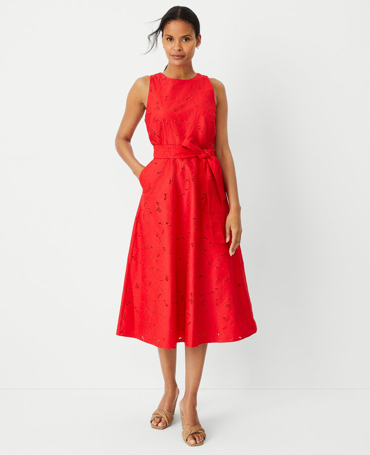 Eyelet Belted Halter Flare Dress