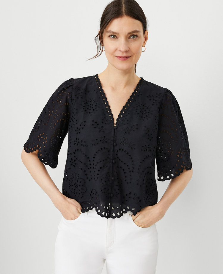 Ann Taylor Eyelet Puff Sleeve V-Neck Top