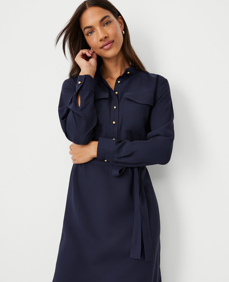 Tall Stand Collar Belted Pocket Shirtdress