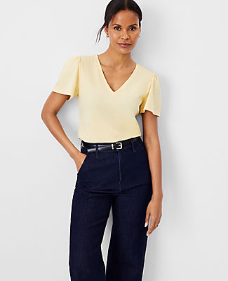 Ann Taylor Petite Flutter Sleeve Pima Cotton Top In Pale Chamomile