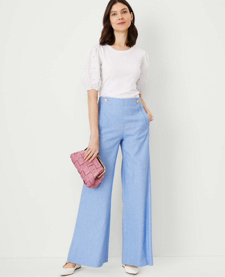 The Petite Wide Leg Sailor Palazzo Pant in Chambray