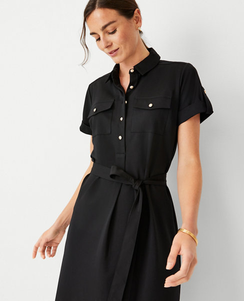 Petite Tab Sleeve Belted Patch Pocket Shift Dress