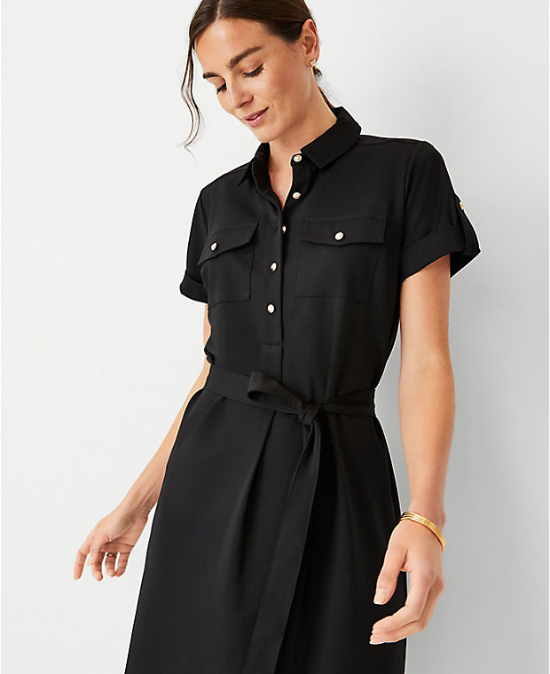 Petite Tab Sleeve Belted Patch Pocket Shift Dress