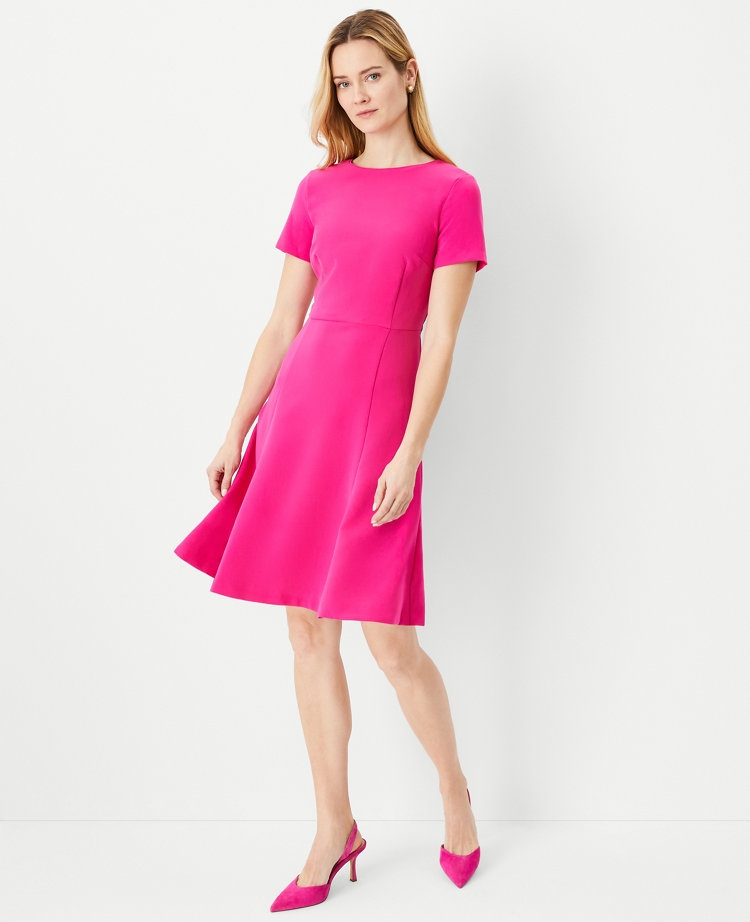 Ann Taylor Short Sleeve Flare Dress Size 0 Hot Pink Poppy Women's