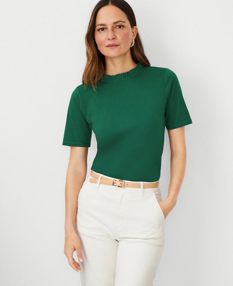 Ann Taylor Petite Ruffle Neck Pima Cotton Top