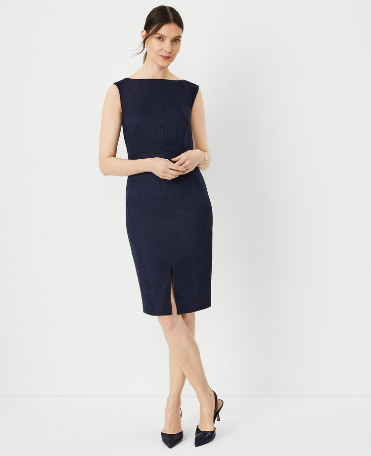 The Front Slit Boatneck Sheath Dress in Lightweight Weave