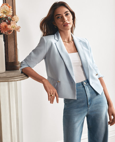 Ann Taylor Petite Cropped Double Breasted Blazer Crepe
