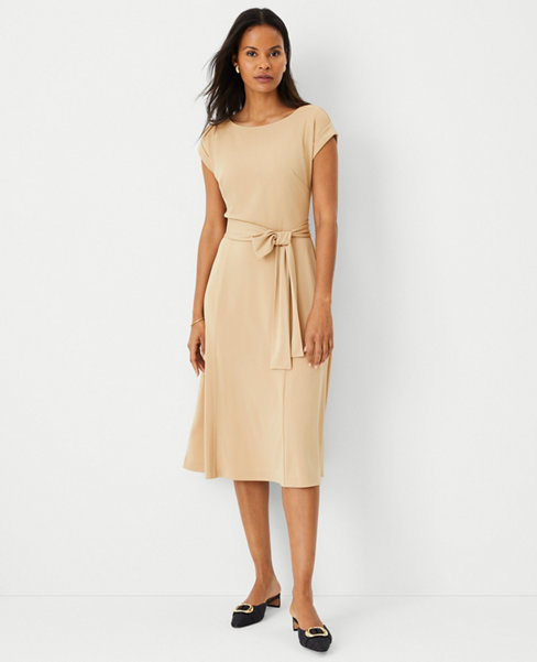 Ann Taylor Petite Belted Cap Sleeve Flare Dress