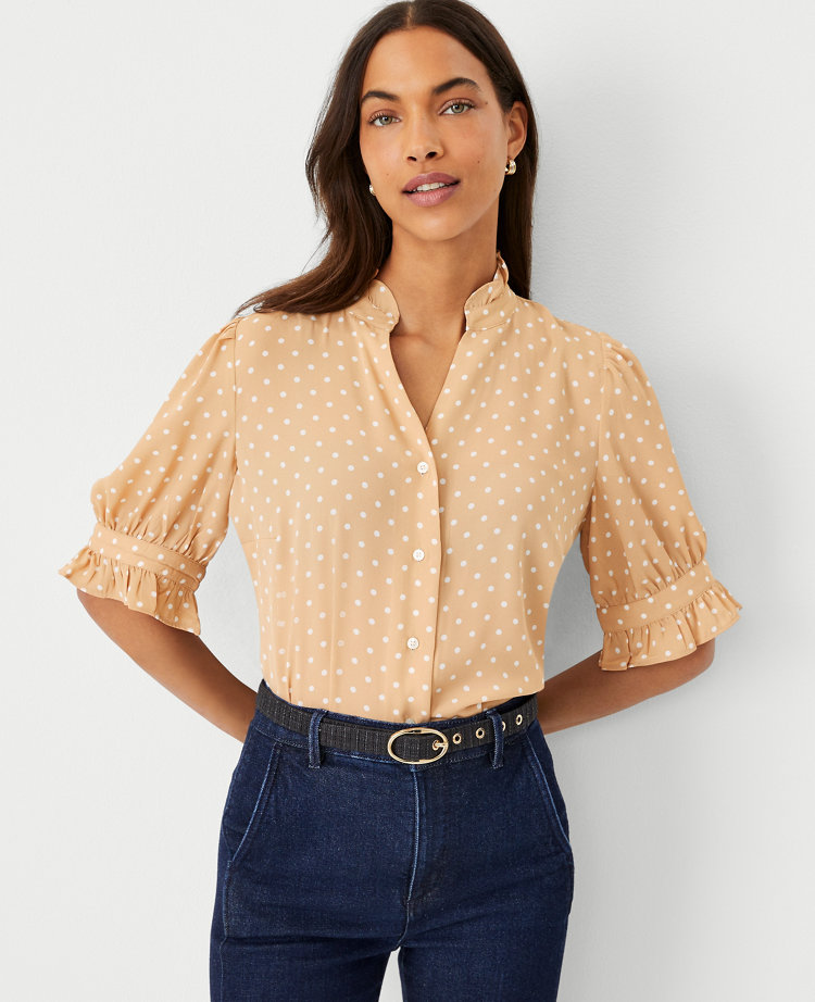 Ann Taylor Dot Ruffle Button Top