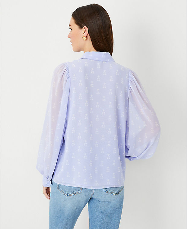 Petite Floral Tile Collared Puff Sleeve Shirt
