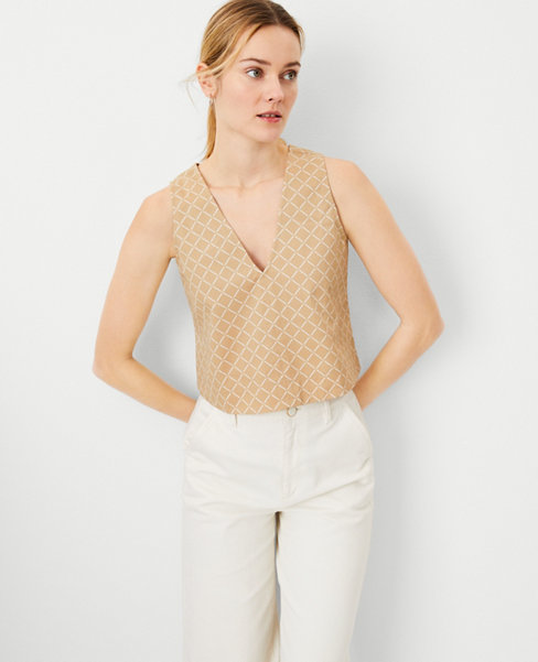 Ann Taylor Petite Checked V-neck Tank Top In Baguette