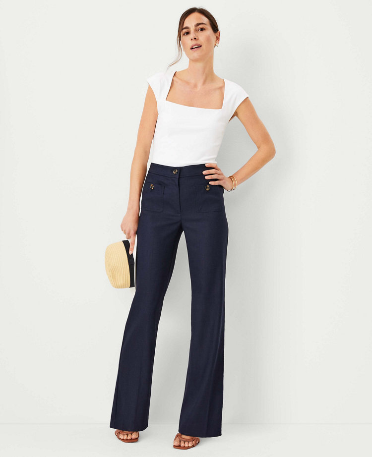 Ann Taylor The Petite Patch Pocket Wide Leg Boot Pant In Dobby Linen Blend In Night Sky