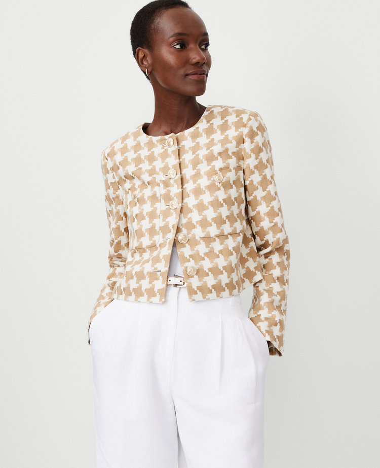 Ann Taylor Houndstooth Patch Pocket Jacket Camel Combo Women's