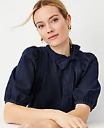 Petite Chambray Bow Puff Sleeve Blouse carousel Product Image 2