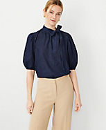 Petite Chambray Bow Puff Sleeve Blouse carousel Product Image 4