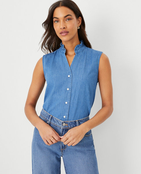 Ann Taylor Petite Chambray Ruffle Button Sleeveless Top In Light Blue Chambray
