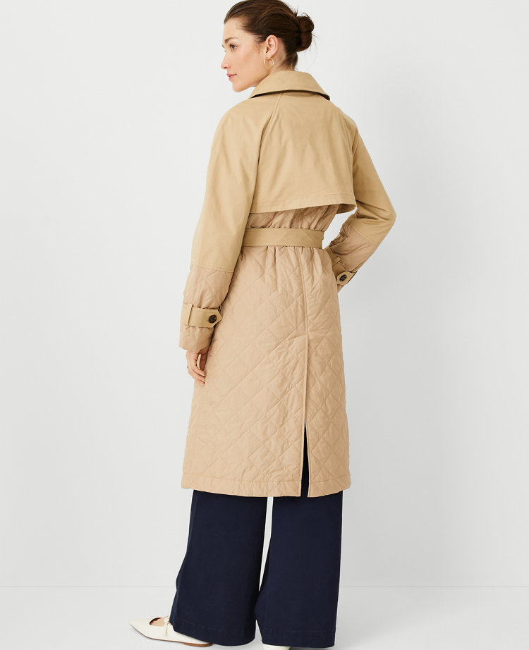 Ann Taylor Petite AT Weekend Quilted Mixed Media Trench Coat Size Large Baguette Women's