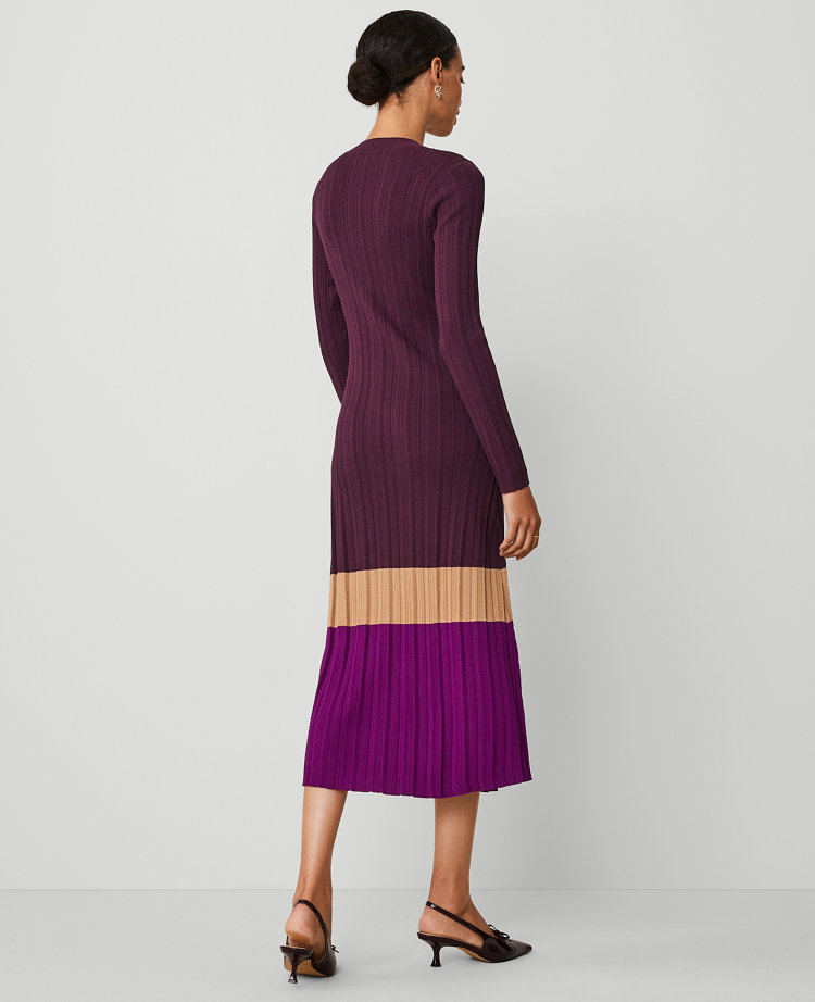 Ann Taylor Colorblock Ribbed Mock Neck Sweater Dress Plum Combo Women's