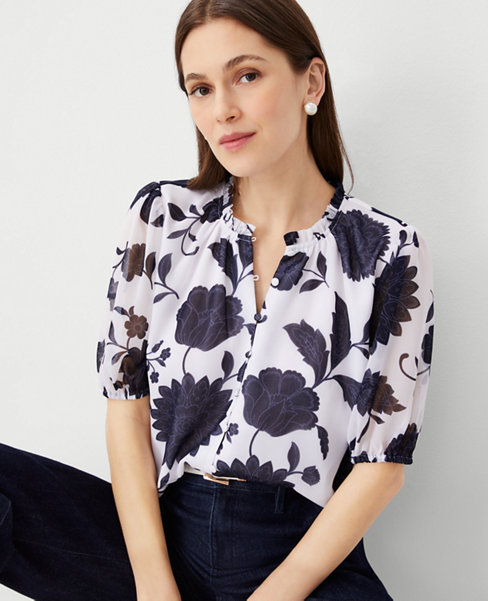Ann Taylor Floral Mixed Media Ruffle Neck Top