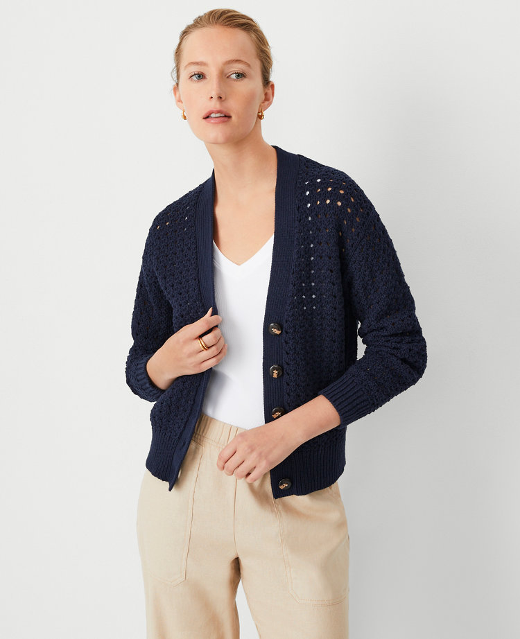 Ann Taylor AT Weekend Mesh Stitch V-Neck Cardigan