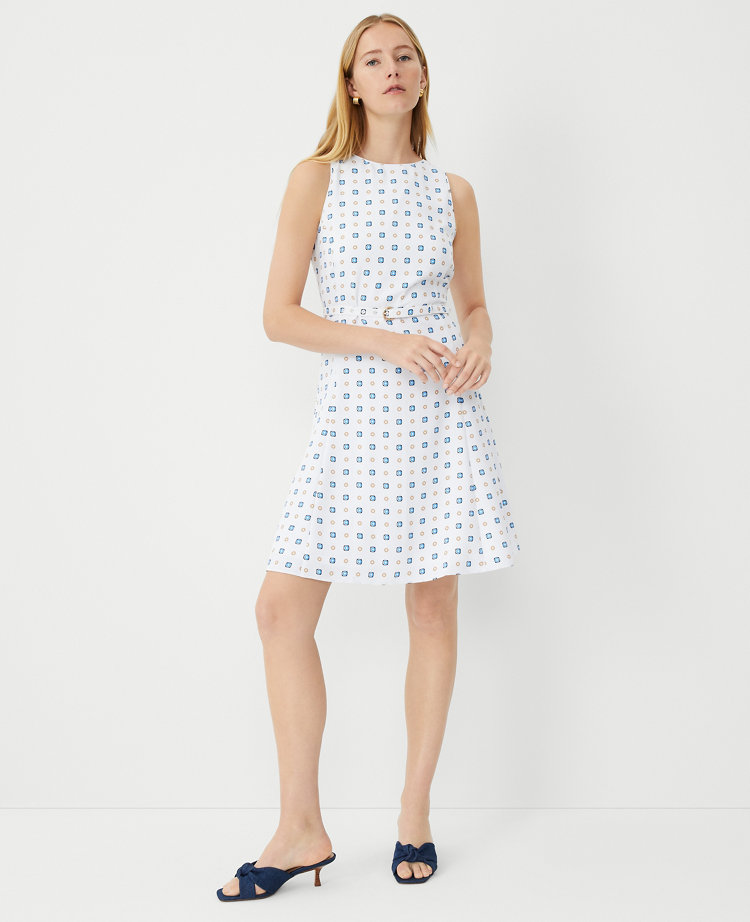 Ann Taylor Geo Georgette Belted Flare Dress