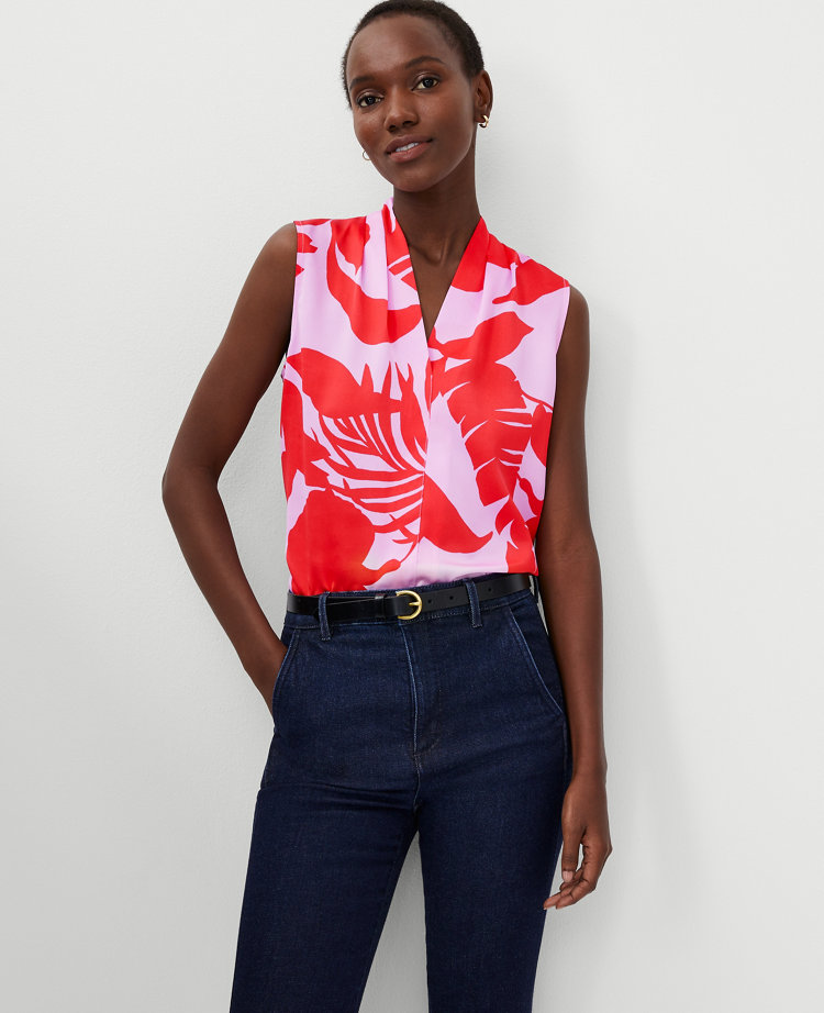Ann Taylor Tropical Pleated V-Neck Top Fiery Red Women's