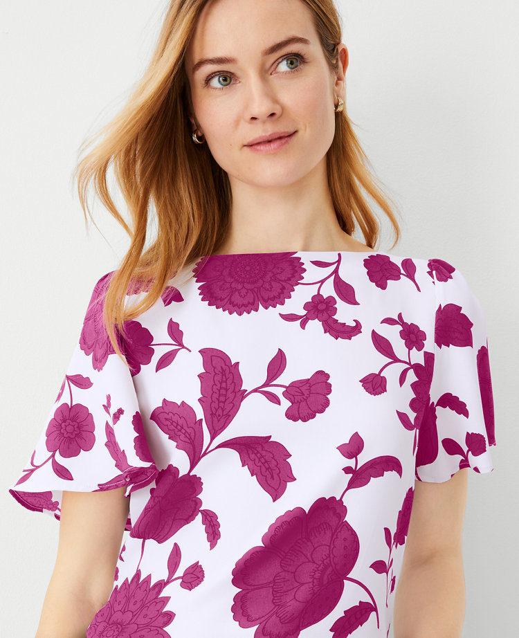 Ann Taylor Floral Mixed Media Angel Sleeve Top Magenta Shadow Women's