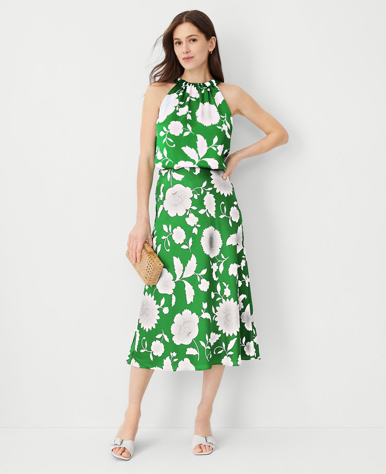 Ann Taylor Floral Bias Midi Slip Skirt Jolly Green Women's