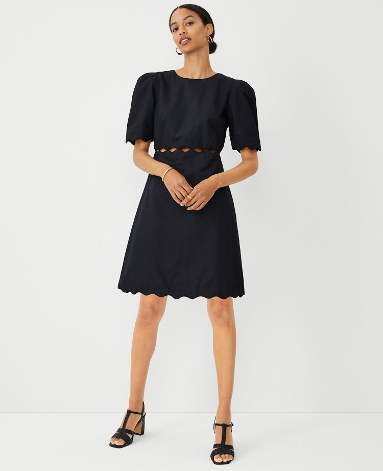 Ann Taylor Petite Scalloped Linen Blend Flare Dress Black Women's