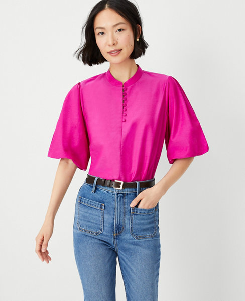Petite Cotton Blend Pleated Sleeve Popover