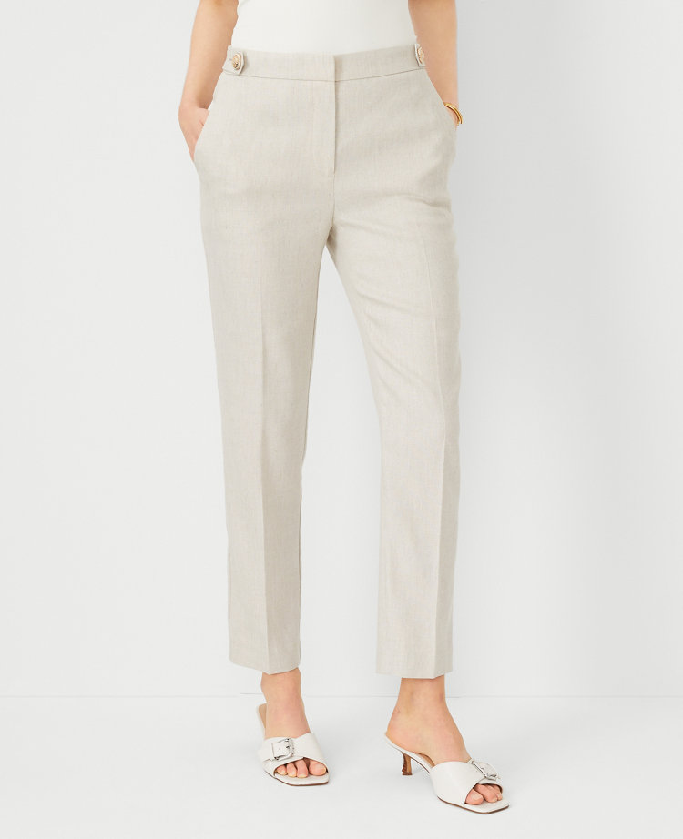 The Petite Button Tab High Rise Eva Ankle Pant in Basketweave Linen Blend