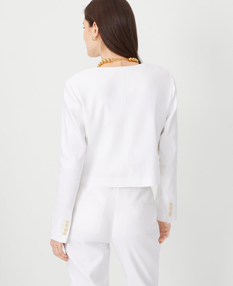 The Petite Cropped Crew Neck Jacket in Herringbone Linen Blend