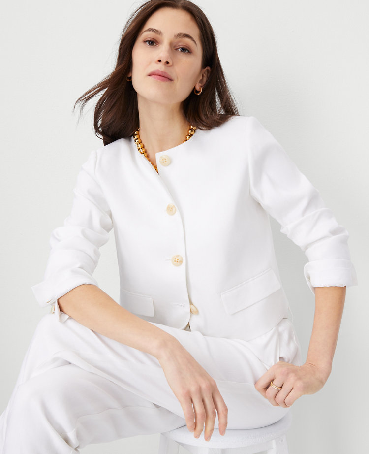 The Petite Cropped Crew Neck Jacket in Herringbone Linen Blend