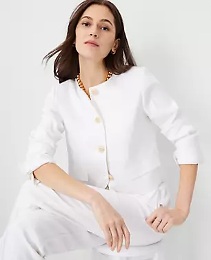 The Petite Cropped Crew Neck Jacket in Herringbone Linen Blend carousel Product Image 3
