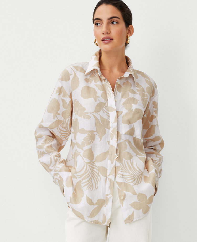 Ann Taylor Tropical Linen Oversized Shirt Toasted Oat Women's