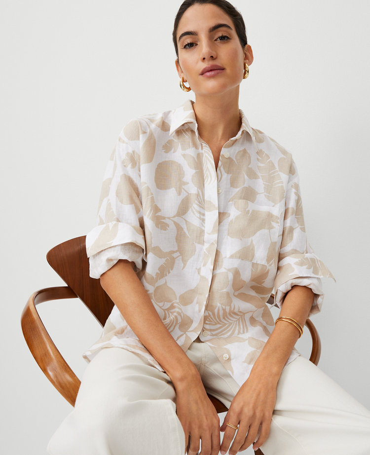 Ann Taylor Tropical Linen Oversized Shirt Toasted Oat Women's