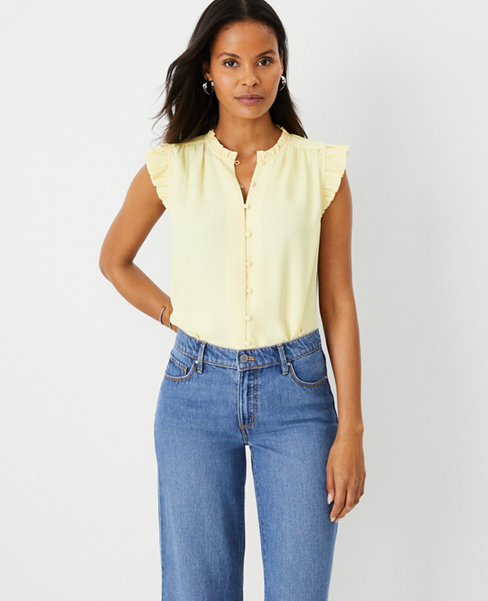 Ann Taylor Petite Mixed Media Ruffle Shell Top In Pale Chamomile
