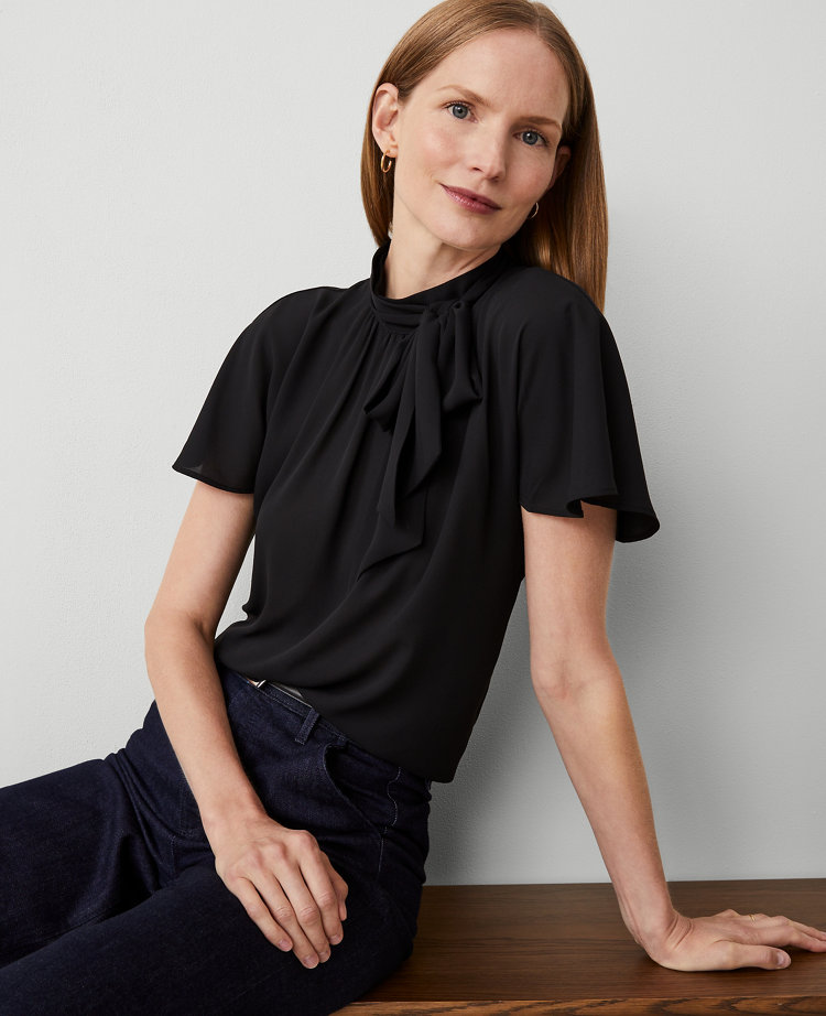 Ann Taylor Mock Tie Neck Blouse Size XS Black Women's