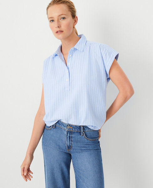 Ann Taylor Petite AT Weekend Striped Cotton Shirred Shirt