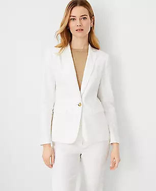 The Petite One Button Notched Blazer in Herringbone Linen Blend carousel Product Image 2
