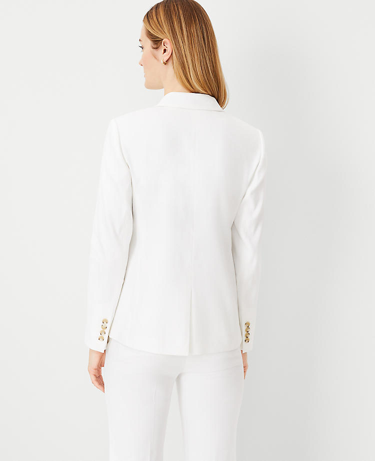 The Petite One Button Notched Blazer in Herringbone Linen Blend