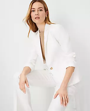 The Petite One Button Notched Blazer in Herringbone Linen Blend carousel Product Image 1